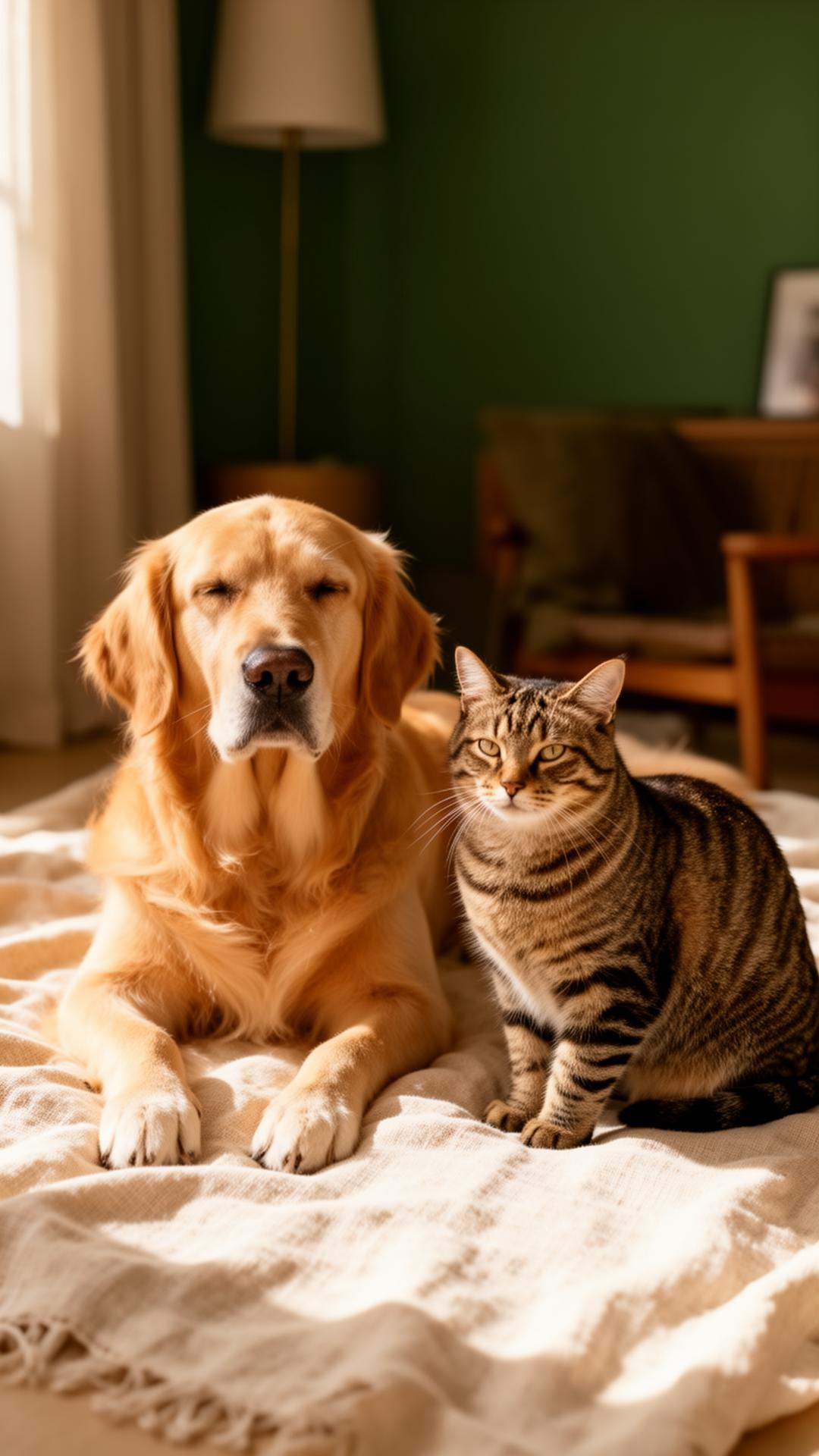 Een gouden retriever en een tabby kat liggen samen in het zonlicht