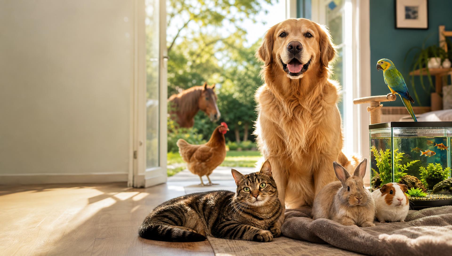 Hond, kat, konijn, cavia, papegaai, vissen, kip en paard samen in een zonnige woonkamer